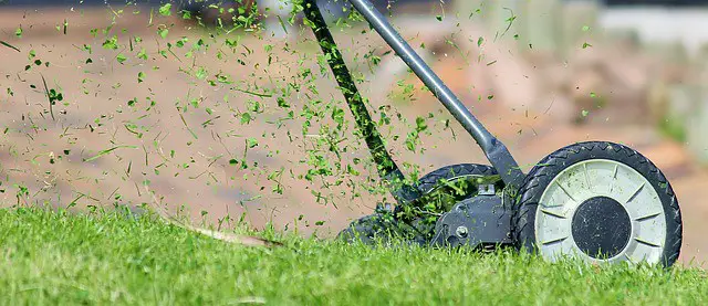 Lawn mower with clippings flying